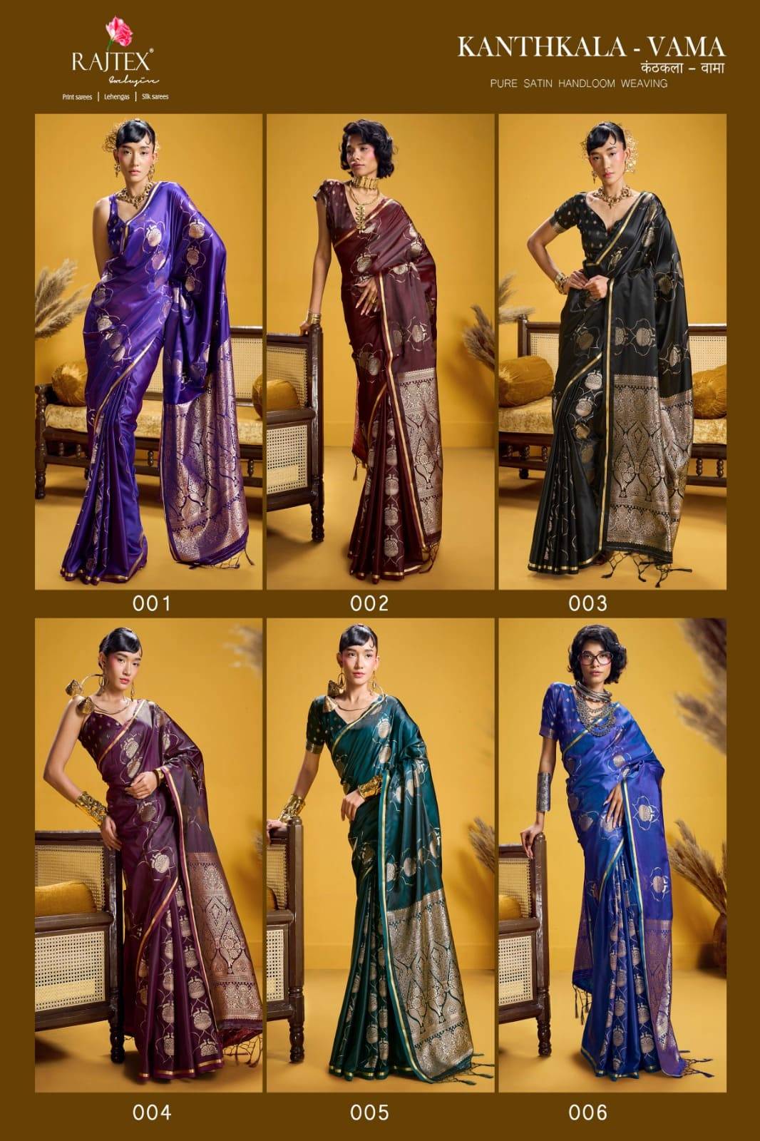 Kanthkala Vama By Raj Tex 001 to 006 Series Indian Traditional Wear Collection Beautiful Stylish Fancy Colorful Party Wear & Occasional Wear Satin Crepe Sarees At Wholesale Price